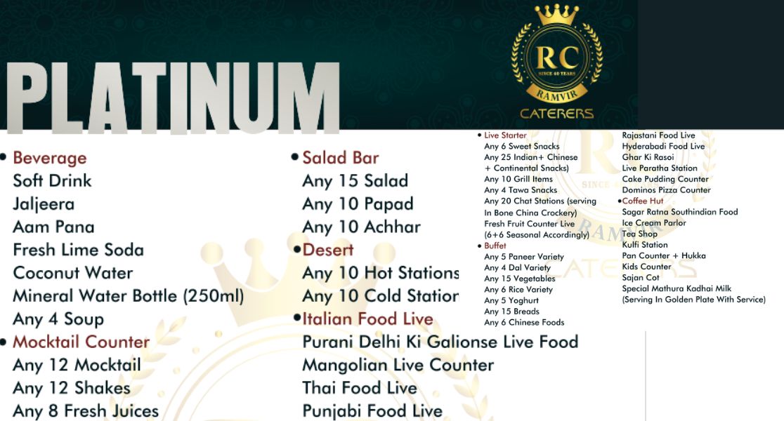 Platinum Menu Sevices in Delhi - Ramvir Caterers